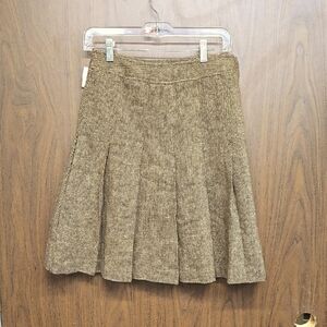 DStudio Size 2 Tan and Brown Tweed Style Midi Length Pleated Wool Blend Skirt
